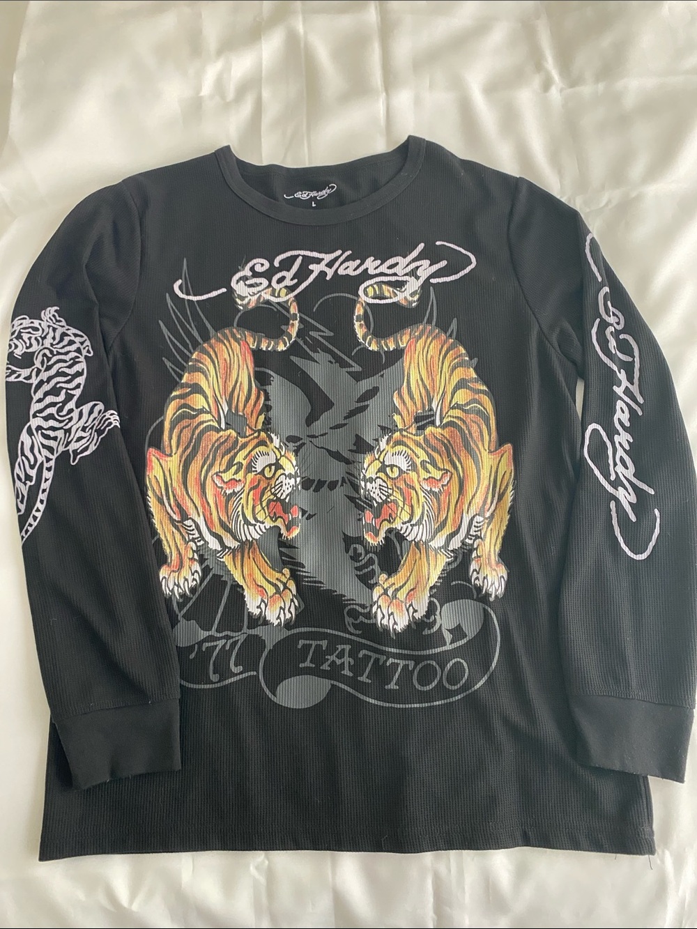 Ed Hardy Black Long-Sleeve Thermal Tee with Twin Orange Tigers